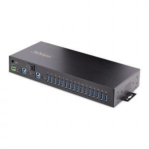 StarTech.com Hub Ladrón USB 3.0 5Gb de 16 Puertos Industrial - Metal - Montaje en Rack/Superficie/DIN - Carga Compartida USB 120W - ESD - Bloque de Terminales - Switch de 2 Hosts