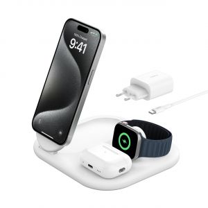 Belkin BoostCharge Auriculares, Smartphone, Reloj inteligente Blanco USB Cargador inalámbrico Carga rápida Interior