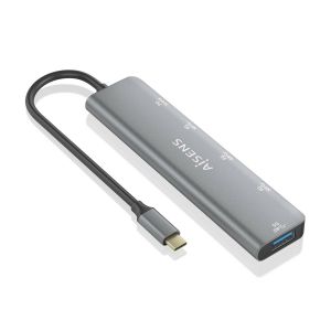 AISENS Hub USB 3.2 Gen1 5G USB-C, USB-C/M-1xUSB-C PD100W/H-1xUSB-C/H-3xUSB-A/H, Gris, 15cm