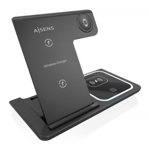 AISENS Cargador Inalambrico USB-C 3 En 1 De 15W Para Movil, Apple Watch, Ariculares Con Estuche De Carga, Negro