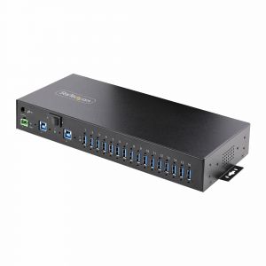 StarTech.com Hub Ladrón Industrial de Metal USB 3.0 5Gbps de 16 Puertos - de Montaje - Alimentación por Bloque de Terminales - Protección ESD - Carga por USB - para 2 Hosts