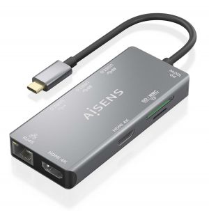 AISENS USB-C Dock 9 En 1, USB-C a 2xHDMI, 1xRJ45, 2xUSB-A USB3.0, 1xUSB-A USB2.0, 1xUSB-C PD, 1xSD, 1xMicro SD, Gris, 15cm